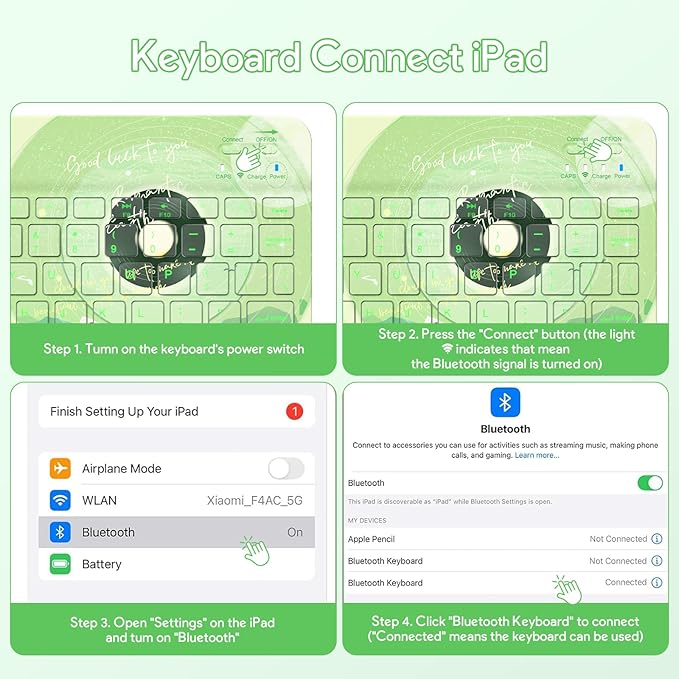 YBING Keyboard Case for iPad 10th Gen 10.9 inch (2022) & 11th Gen (A16, 2025), Bluetooth Wireless Detachable Keyboard with Green Music Painted Patterns, 360 Rotatable Magnetic Case with Pencil Holder