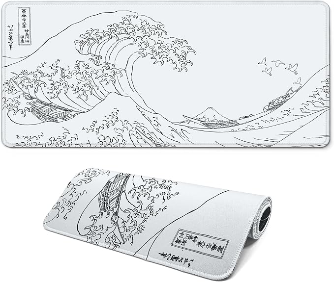 Gaming Mouse Pad, Large 31.5 x 11.8 inches Mousepad, Long Keyboard Pad, Cute Mouse Mat for Computer with Stitched Edges and Non-Slip Base (Japanese Grey White Wave)