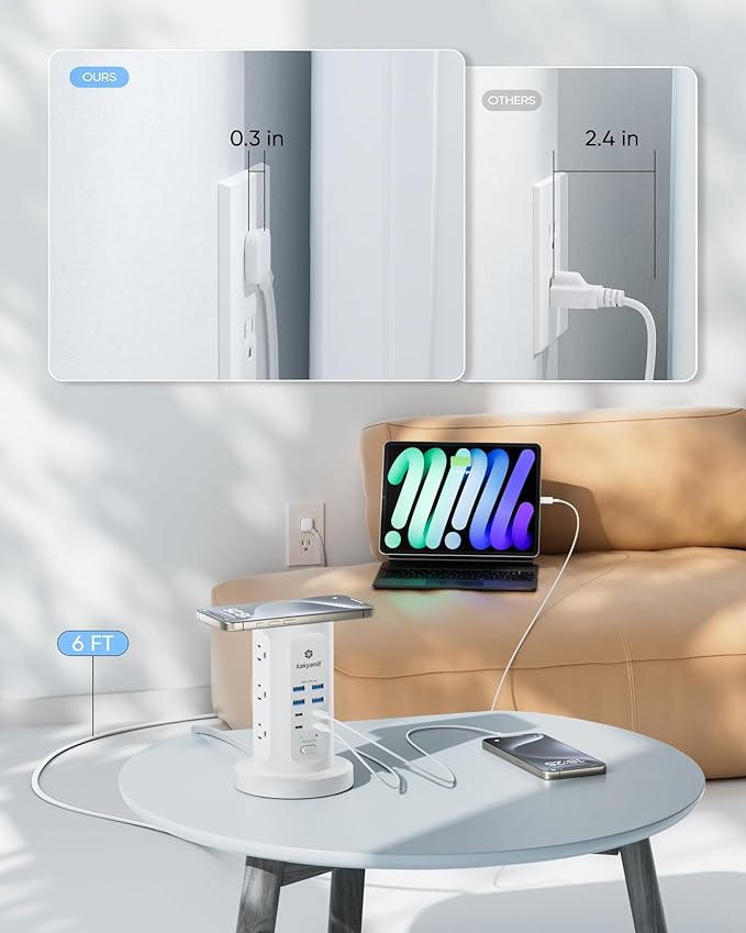 30W USB Charging Station, Surge Protector Power Strip Tower, 9 AC Outlets with 8 USB Ports(4 USB-C), 6Ft Flat Plug Retractable Extension Cord, for Home Office Dorm, White
