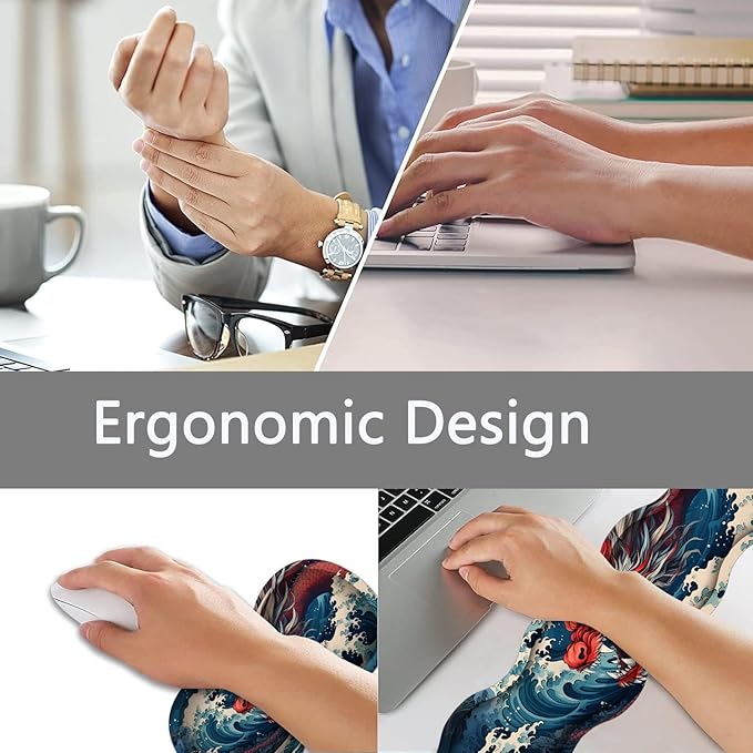 Large Gaming Mouse Pad + Keyboard Wrist Rest + Wrist Support + Coaster Set, Memory Foam Ergonomic for Easy Typing, XXL Extended Gaming Mouse Pad Table Pad - Sea Wave Red Dragon