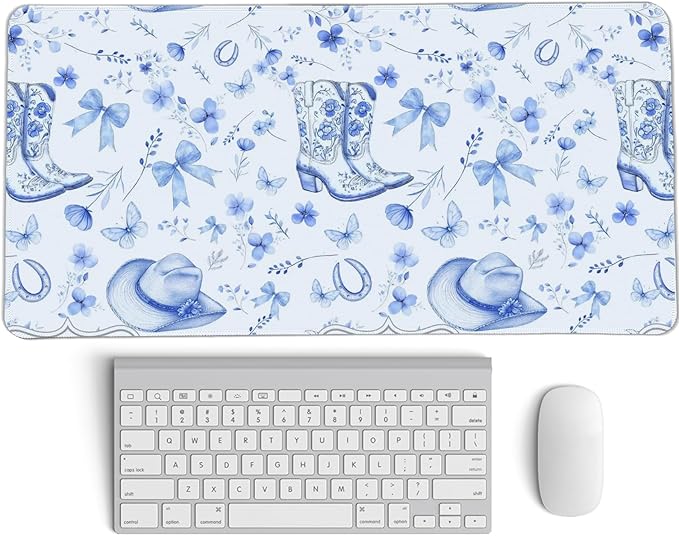 Western Cowgirls Desk Mat,Blue and White Floral Bow Mouse Pad,Blue Chinoiserie Large Mouse Pad,Preppy Coquette Girly Laptop Desk Mat for Dorm Western Accessories Gaming Mousepad 23.6x11.8In