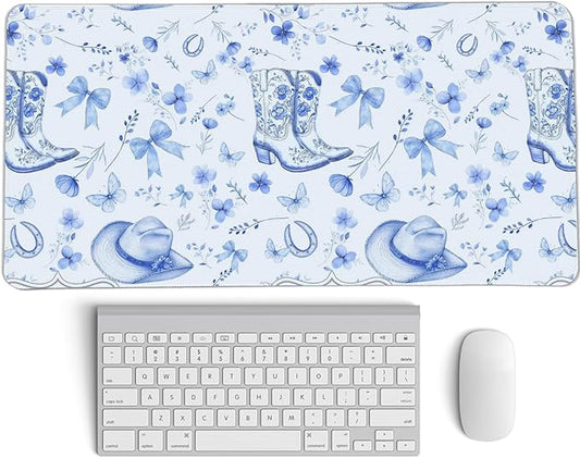 Western Cowgirls Desk Mat,Blue and White Floral Bow Mouse Pad,Blue Chinoiserie Large Mouse Pad,Preppy Coquette Girly Laptop Desk Mat for Dorm Western Accessories Gaming Mousepad 23.6x11.8In