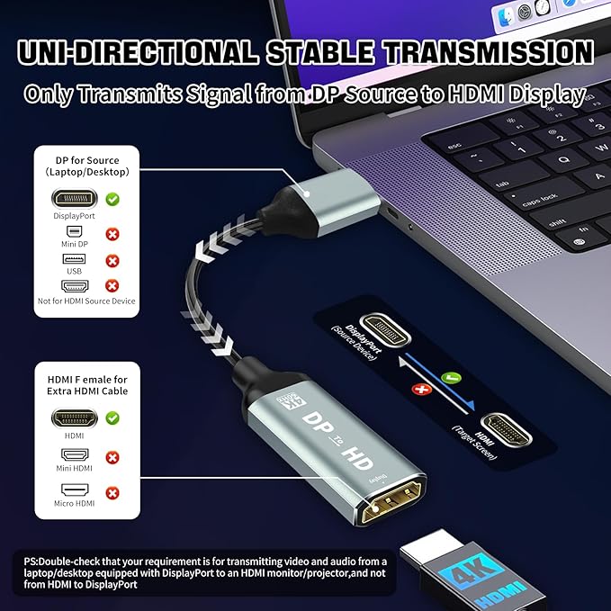 4K Display Port to HDMI Adapter, Uni-Directional Display Port Computer to HDMI,Plug & Play Converter with Audio & Video Sync for HDTV/Monitor/Projector/PC, Durable Gold-Plated Connectors