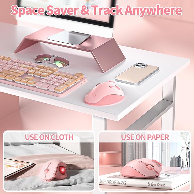 seenda Wireless Trackball Mouse, Bluetooth - Ergonomic Rollerball Mouse Rechargeable, 3 Device Connection Optical Mice Adjustable DPI Thumb Control Mice Compatible for Mac/Android/Windows - Pink
