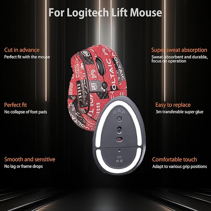 Mouse Grip Tape for Logitech Lift, Rounded Curved Edges Mouse Feet Skates,Self-Adhesive PreCut Sweat-Resistant Professional Mice Upgrade Kit(Foot pad + Red Mouse Grip Tape)