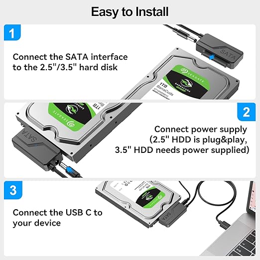 SATA to USB C Adapter with Power, USBC to SATA Cord External Hard Drive Type C Cable for 2.5" HDD/SSD & 3.5" HDD Up to 20TB Converter with 24W Adapter Support UASP Seagate WD Hitachi Toshiba