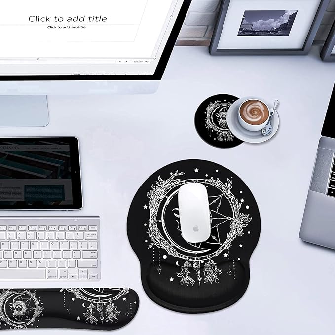 Keyboard Wrist Rest and Mouse Pad Wrist Support Set, Non-Slip PU Base, Easy Typing and Relieve Wrist Pain, Perfect for Home Office Working Studying, Celestial Theme Sun with Crescent Moon