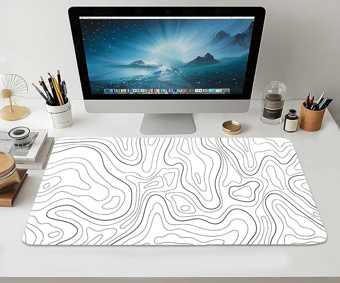 Large Mouse Pad, White Extended Mouse Pad Desk Pad Ergonomic Easy Typing for Office Game Home Non Slip - White Topographic Contour