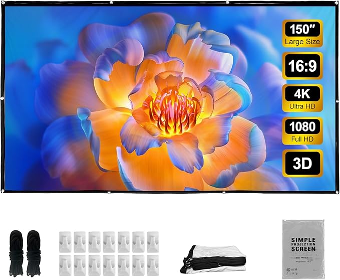 LIHONG 4K Projector Screen, 16:9 HD Foldable Portable Double Sided Anti-Crease Projection Screens for Indoor Outdoor Use, Home Theater, Party, Office, Classroom (150" 16:9)