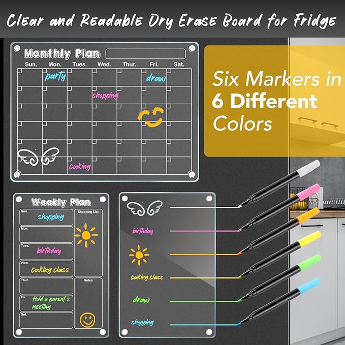 DIYMAG Planning Pads 3Pack Acrylic Magnetic Dry Erase board for Fridge,15"x11" Set Magnetics Weekly Monthly Memo Planner Board for Refrigerator with 6 Colors Markers