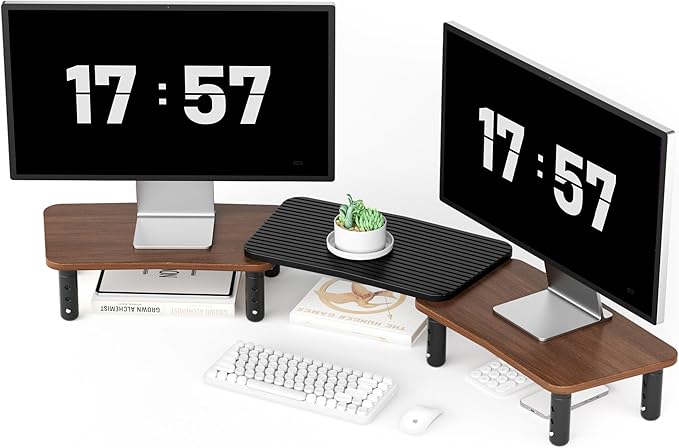 Dual Monitor Stand For Desk,Adjustable Height Long Wood Computer Riser For Computer,Laptop,Printer,TV,Walnut