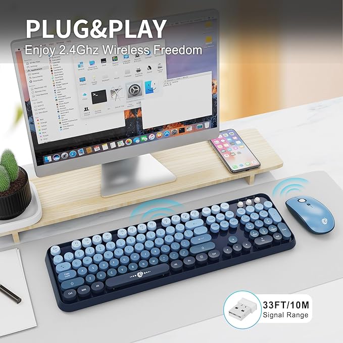 Wireless Keyboard and Mouse Combo,Retro Typewriter Style Gradient Blue Keyboard with Cute Bubble Round Keycaps,2.4GHz Full Size Clicky Creamy Keyboard & 3 DPI Mouse for PC Laptop Desktop-Navy Blue