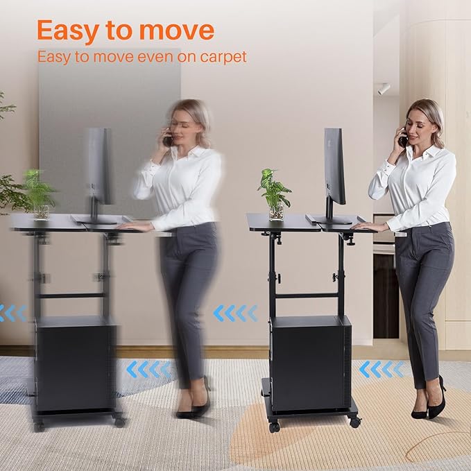 Mobile Laptop Stand Desk, Standing or Sitting Rolling Computer Cart with Tower Stand, Adjustable Height 27.5" to 47.2" Portable Laptop Table Home Office Computer Workstation, Locking Wheels