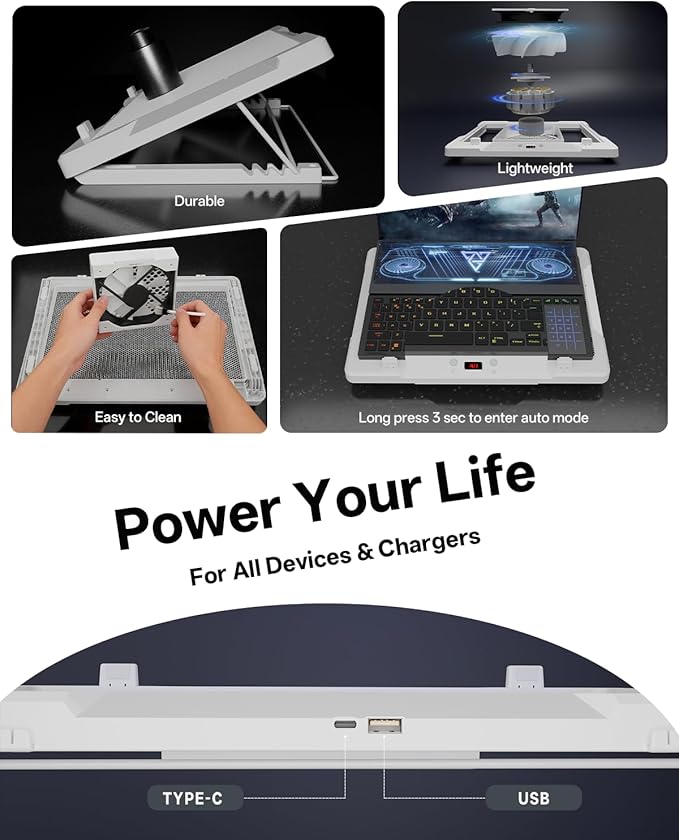DEPGI Laptop Cooling Pad, Laptop Cooler Stand with 5.5" Movable Fan Easy to Clean, Auto Temp Sensor & 3-Speed Manual Control, Ultra Quiet ≤40dB for 14–17.3 Inch Laptops, White