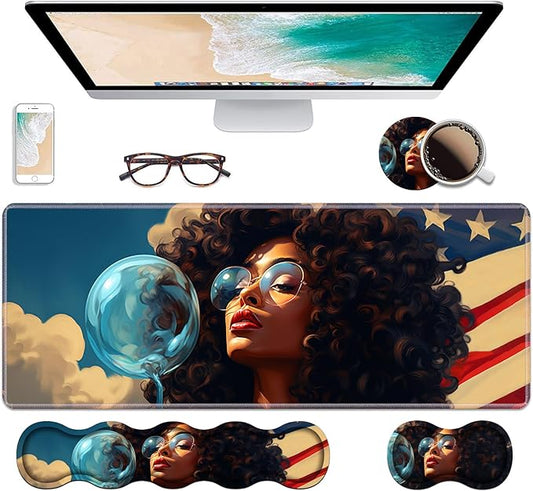 Ergonomic Keyboard Wrist Rest & Mouse Pad Wrist Rest Set, Large XXL Gaming Desk Mat 31.5"x 11.8" with Non-Slip Base, Memory Foam, Easy Typing Pain Relief for Home & Office, African American Girl