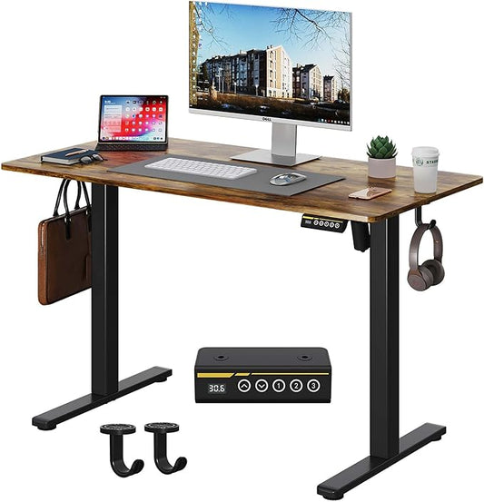 Electric Standing Desk,40x24 Inches Adjustable Height Stand up Desk, Sit Stand Home Office Desk with Splice Board, 3 Preset Heights,Equipped with Hooks,Ergonomic Computer Workstation，Brown