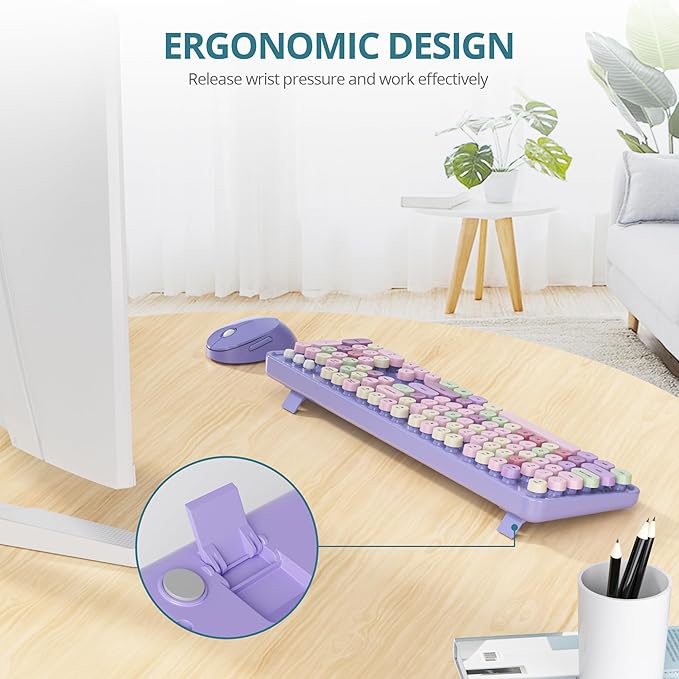 Purple Keyboard and Mouse Combo Wireless, 2.4G Full Size 104-Key Retro Typewriter Keyboards Round Keys for Students Teenagers Home Office PC Laptop(Colorful Purple)