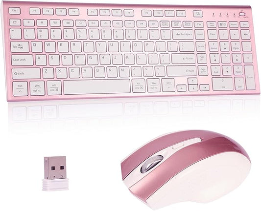 Wireless Keyboard and Mouse Set, 2.4G USB Silent Ultra-Thin Compact Full-Size Keyboard, Compatible with PC, Windows, Mac, MacBook (Rose Gold)