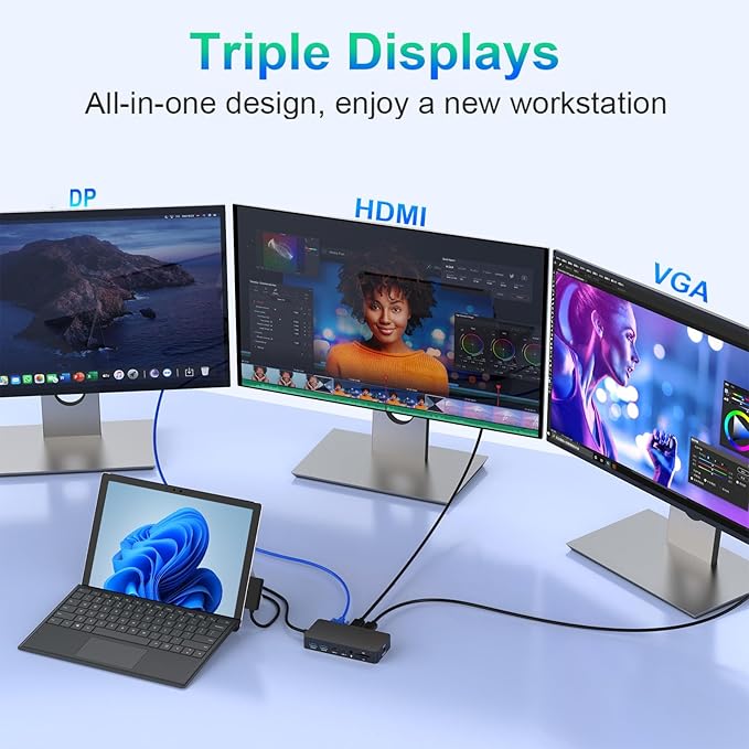 Surface Thunderbolt 4 Dock Triple Displays, 11 in 1 Surface USB4 Dock Docking Station with 4K HDMI+DP+VGA for Surface Pro 12/11/10/9/8/X/7+/7, Laptop 7/6/5/4/3, Laptop Studio 2/1, Go 4/3/2/1