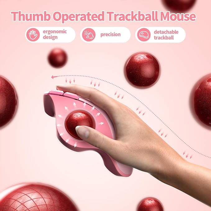seenda Wireless Trackball Mouse, Bluetooth - Ergonomic Rollerball Mouse Rechargeable, 3 Device Connection Optical Mice Adjustable DPI Thumb Control Mice Compatible for Mac/Android/Windows - Pink