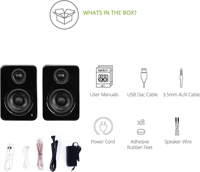 Kanto YU2GB PC Gaming Desktop Speakers | 3" Composite Drivers | 3/4" Silk Dome Tweeter | Class D Amplifier | 100 Watts | Built-in USB DAC | Subwoofer Output | Pair | Gloss Black
