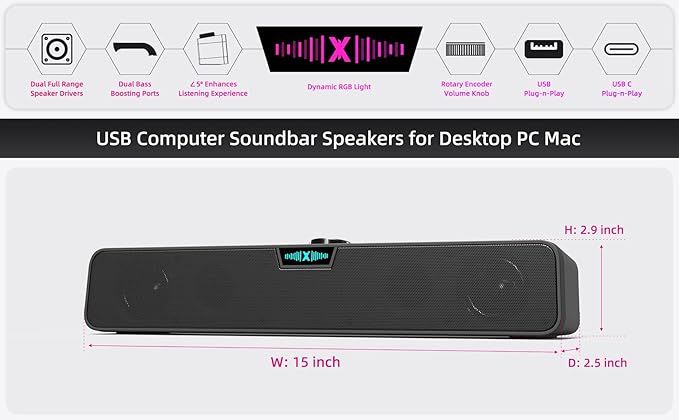 Computer Speakers Soundbar for Desktop PC Mac, USB Plug-in, Wired, External Speakers for Laptop Desk Monitor, RGB Gaming Sound bar with HD Stereo Loud Sound, Punchy Bass, Volume Knob, USB C Adapter