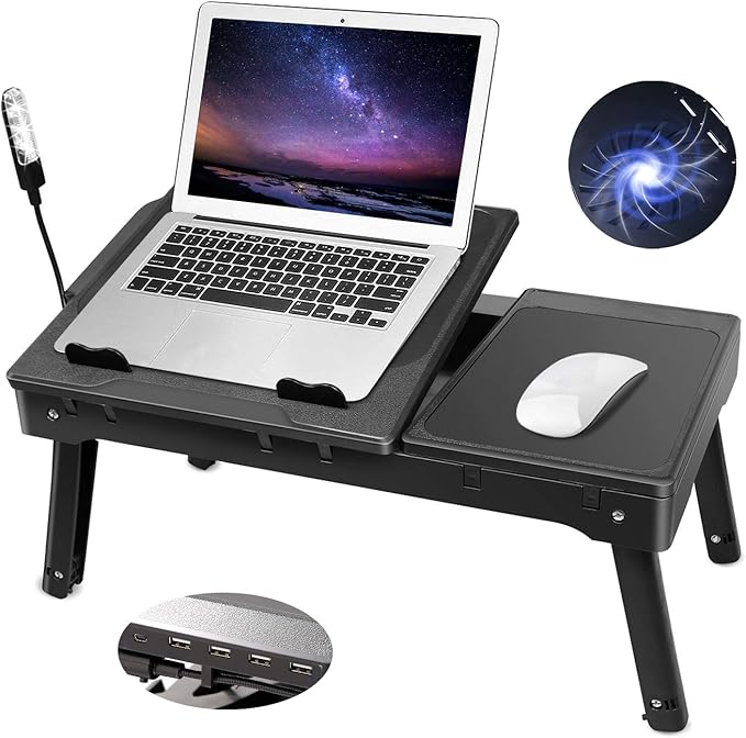 Moclever Laptop Bed Stand – Adjustable Laptop Table with Cooling Fan, Foldable Laptop Desk with USB Hub, LED Light & Storage – Multi-Functional Computer Tray for Bed, Sofa, Home, and Office