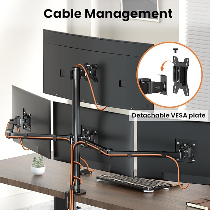 Quad Monitor Mount for 17-32 Inches - Fully Adjustable Heavy Duty 4 Monitor Arm Desk Mount, Max Load 22lbs per Screen, Clamp/Grommet, VESA 75/100 mm, Black