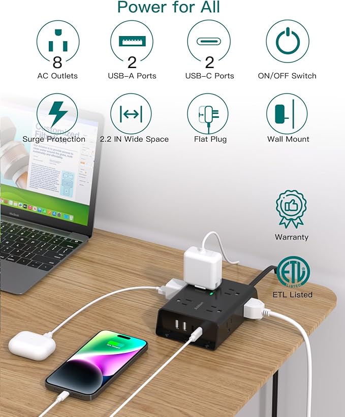 10FT Flat Plug Extension Cord with Multiple Outlets, Surge Protector Power Strip 10 ft Cord, 8 Outlets 4 USB Ports (2 USB C), Multi Outlet Wall Plug for Home Office College Dorm Room Essentials, Black