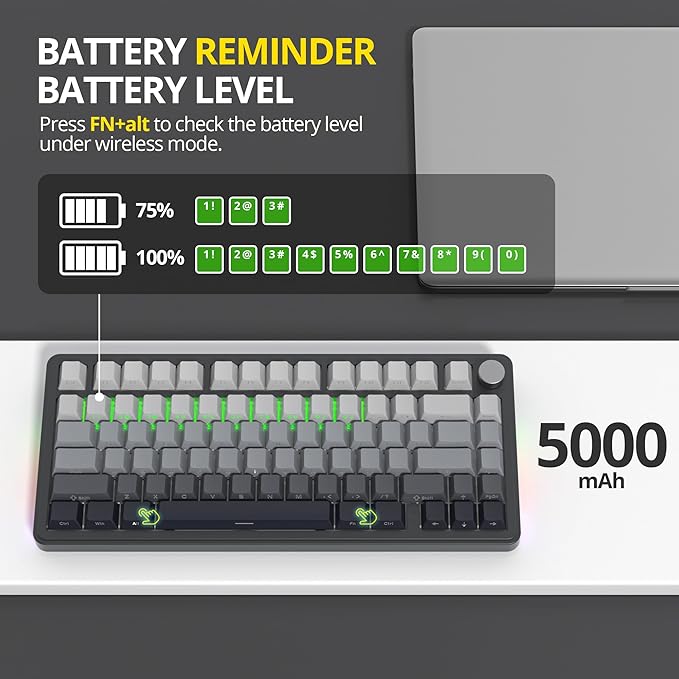 surmen M75 Wireless Mechanical Keyboard,75% Gasket Mounted Gaming Keyboard Pre-lubed Stabilizer with Knob RGB Backlight Hot-Swappable for Mac/Win(MoonNight)