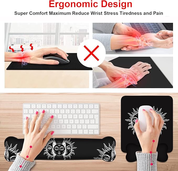 Keyboard Wrist Rest & Mouse Pad Wrist Support Set, Moon and Sun with Many Fractal Faces Celestial Energy Mystic Art Non-Slip Rubber PU Base for Home Office Working Studying Easy Typing & Pain Relief