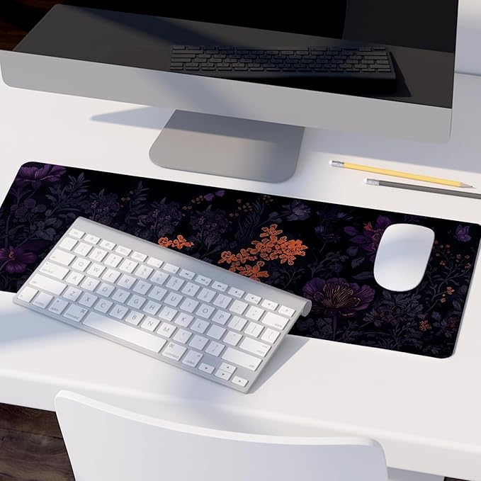 Gothic Purple Butterfly Floral Mouse Pads,Dark Aesthetic Cottagecore Mouse Pad,Mystical Botanical Flower Desk Mat,Purple Botanical Desk Mat for Home Office Dorm Desktop Decor,31.5x11.8 Inch