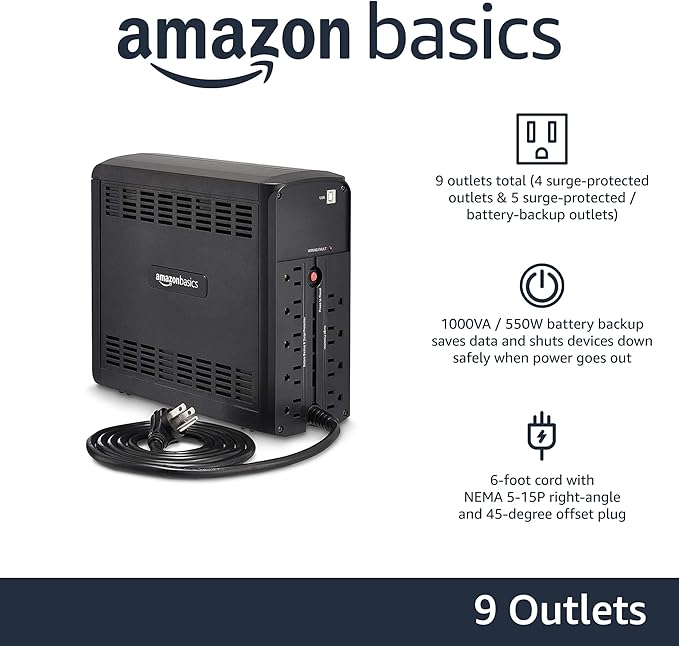 Amazon Basics UPS Battery Backup & Surge Protector, 1000VA/550W, 9 Outlets, Line Interactive Uninterruptible Power Supply with AVR Sinewave Technology, Black