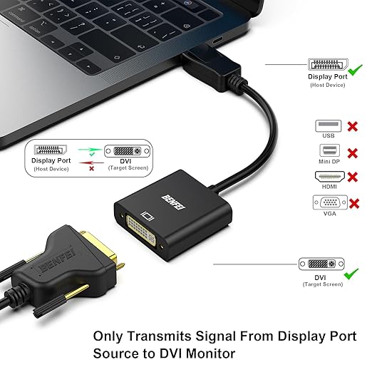 BENFEI DisplayPort to DVI Single Link Adapter 2 Pack,Uni-Directional Display Port Computer to DVI Screen Converter 1080P 60Hz Male to Female Black Compatible for Lenovo, Dell, HP and Other