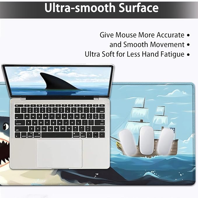 Large Mouse pad and Keyboard Support Set, Ergonomic Memory Foam Keyboard Wrist Rest, Extended Gaming Mouse Pad with Stitched Edges, Cute Cat Riding Shark XXL Desk Mat (31.5 X 11.8 in)