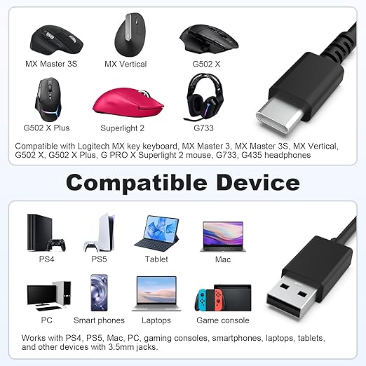 USB C Cable Compatible with Logitech MX Master 3/Master 3S/Anywhere 3/Anywhere 3S/Vertical, G502 X, G502 X Plus, G PRO X Superlight 2 Mouse, MX Keys, MX Keys S Keyboard, G733, G435 Headsets, 6ft