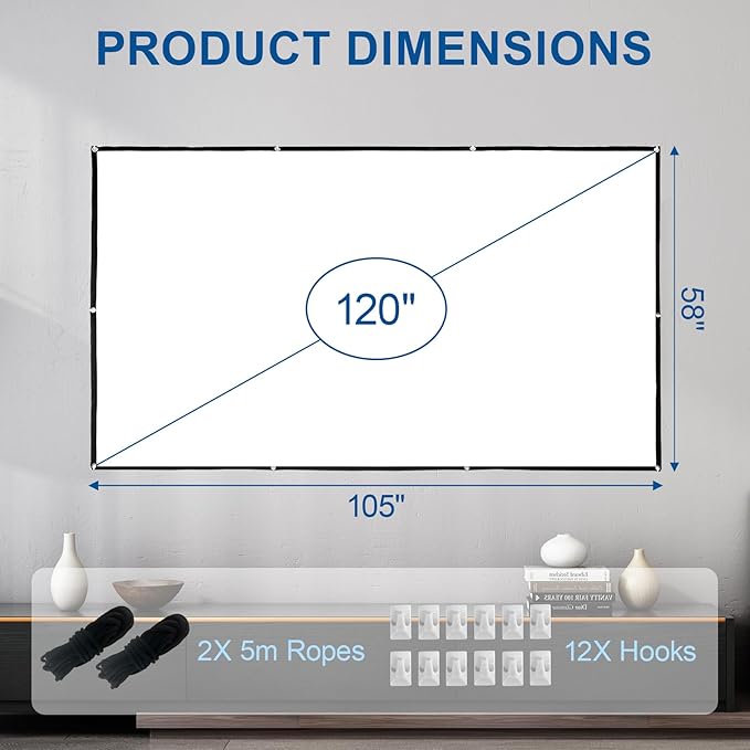LIHONG 4K Projector Screen, 16:9 HD Foldable Portable Double Sided Anti-Crease Projection Screens for Indoor Outdoor Use, Home Theater, Party, Office, Classroom (120" 16:9)