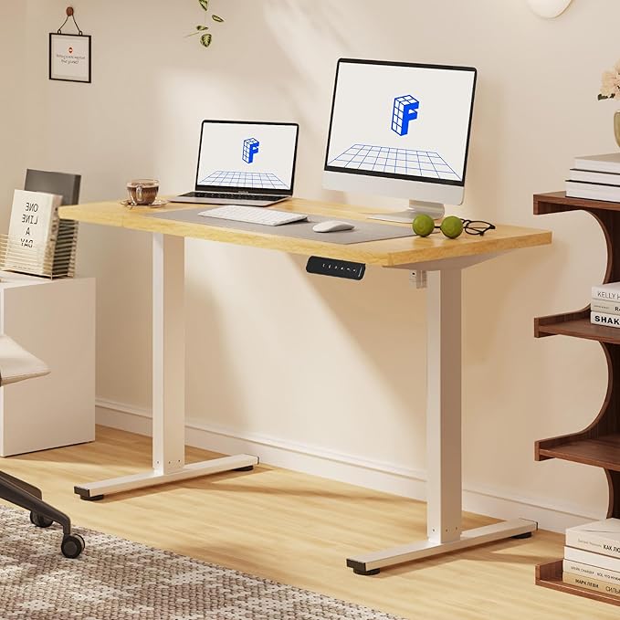 FLEXISPOT Standing Desk, 40" x 24" One-Piece Desktop, Height Adjustable Computer Desk for Home Office, White Frame & Maple Top (One Package)