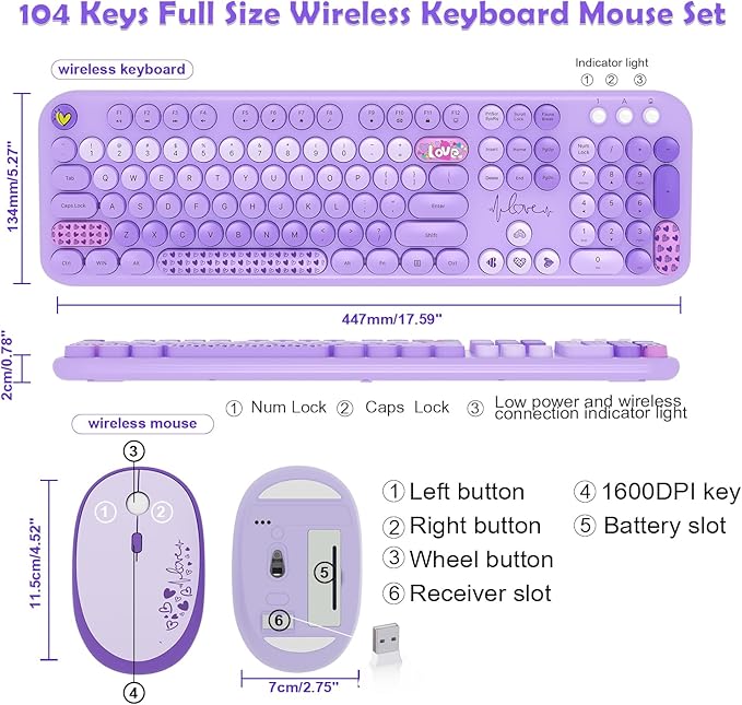 Wireless Keyboard and Mouse Combo, 104 Keys Cute Colorful Keyboard and Mouse with Retro Typewriter for PC/Mac/Laptop/Tablet/Computer/Windows Microsoft, Purple