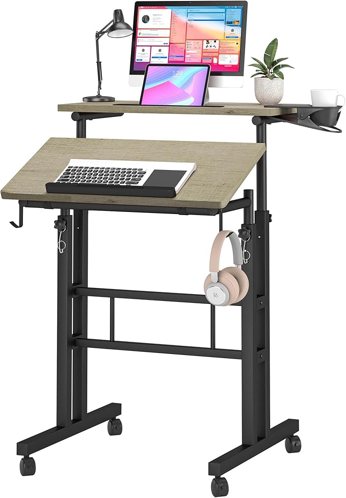Klvied Stand Up Desk on Wheels, Portable Computer Desk for Home Office,Rolling Desk for Laptop with Removable Cup Holder, Adjustable Laptop Cart for Standing or Sitting,Grey