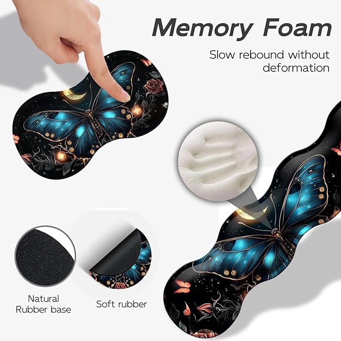 Gaming Mouse Pad Set, Butterfly Roses Moon Large Desk Mat Mousepad, Keyboard Wrist Support, Mouse Wrist Rest, Coaster 4in1 Ergonomic Memory Foam, Non-Slip Stitched Edge for Home Office