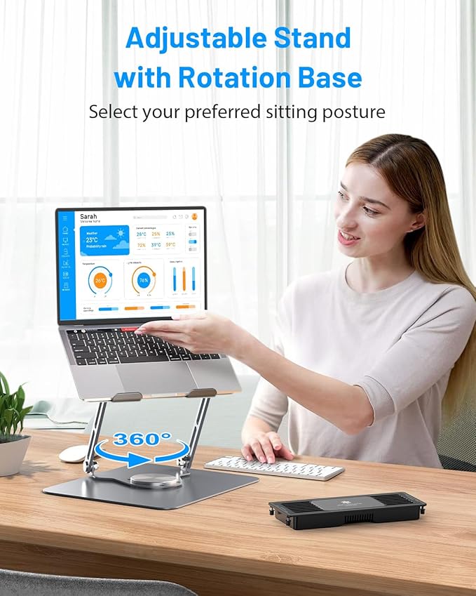 Laptop Cooling Pad with Detachable Fan & Cooler, Adjustable Height & Angle, 360 Rotation Base, Carbon Steel Framework, Ultra-Quiet & Super Sturdy for 15.6” Laptop, DJ Mixer Workstation (Grey)
