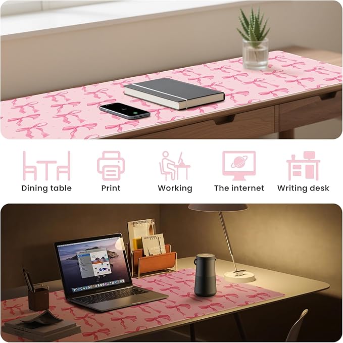 Pink Desk Mat with Bows, Cute Bow Mouse Pad for Computer Laptop PC Non-Slip Rubber Base Gaming Keyboard Pad, Large Office Mat Girly Décor Office Supplies Accessories for Teen Girls Women 35.4 x 15.7in