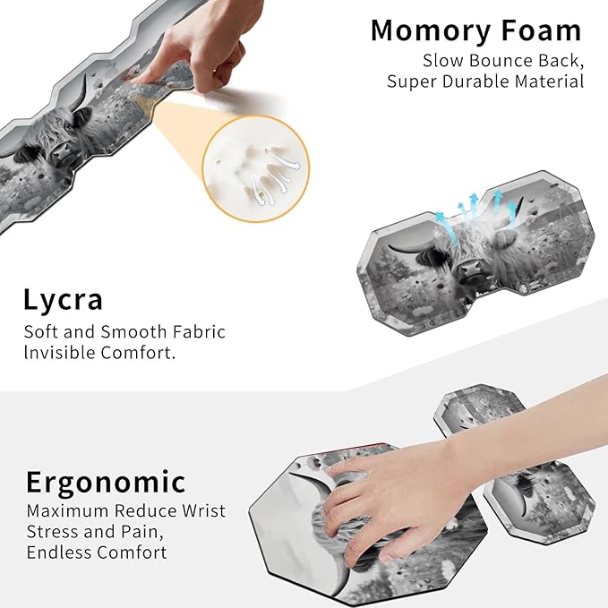 Ergonomic Mouse Pad with Wrist Support Gel and Keyboard Wrist Rest Set + Coaster, Cute Mouse Pads Non Slip Rubber Base Mousepad for Computer Laptop Home Office Working Gaming,Highland Cow Ox Cattle
