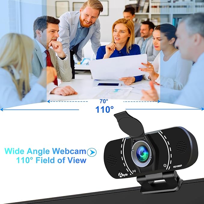 Akyta Webcam for PC, 1080P Webcam with Microphone/Tripod/Privacy Cover/Wide Angle 110°, Plug & Play USB Web Camera for Desktop Computer PC Laptop Mac Video Calling/Streaming/Zoom Conference ﻿