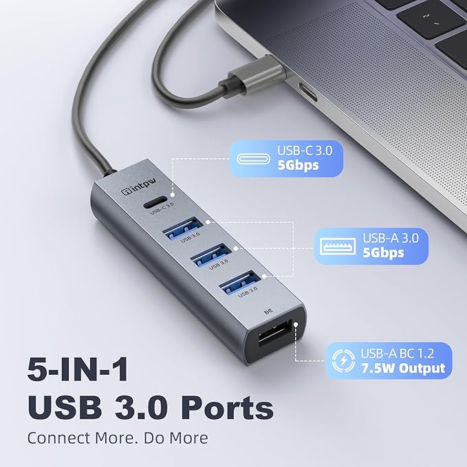 USB C to USB A Hub Splitter 5 Ports with BC Charging Aluminum Thunderbolt to USB C Hub Multiport Adapter USB 3.0 5Gbps Type C Hub Extender for Laptop Mac iPad PC Surface XPS and More(3.94FT5in1)