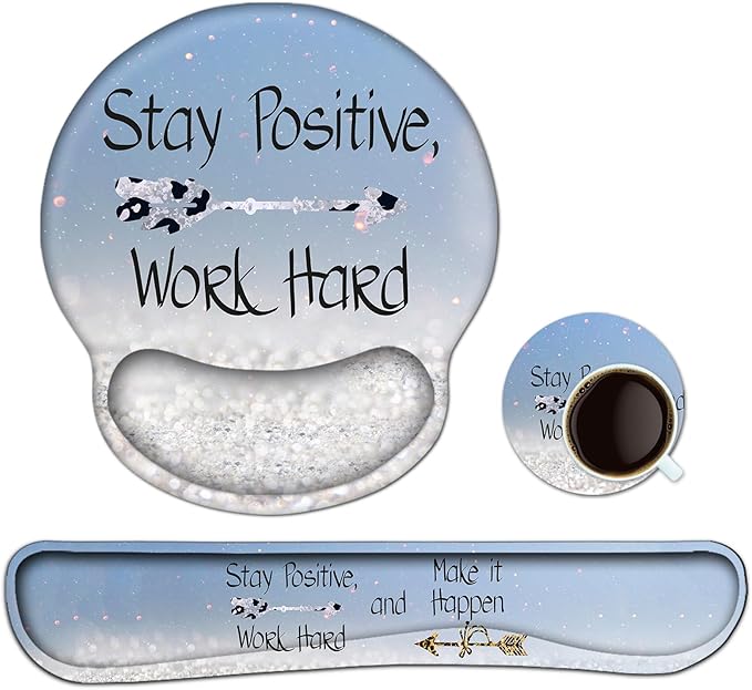 Keyboard Wrist Rest, Ergonomic Mouse Pad Wrist Support, Memory Foam Wrist Rest, Anti-Slip Base, Mousepad with Coaster for Computer Keyboard Office Home, Stay Positive Blue