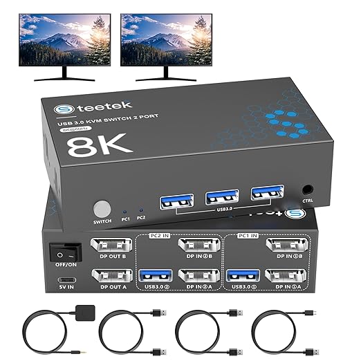 Hearvo 8K Displayport KVM Switch 2 Monitors 2 Computers, 8K@60Hz Dual KVM Switch for 2 Computers Sharing 2 Monitors, Keyboard, Mouse, Printer, with EDID Adaptive, 2 USB Cables, and Controller -S7230P2