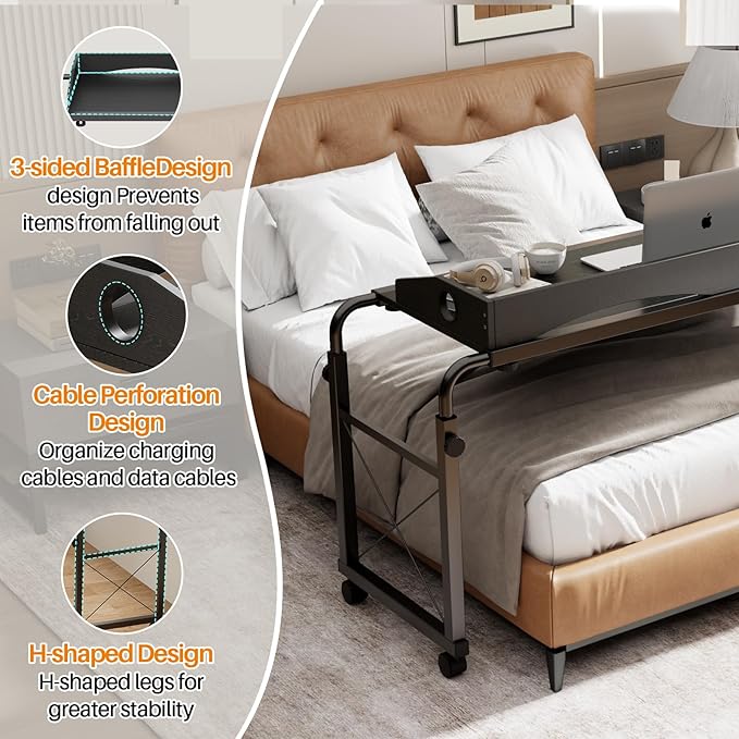 BYMECOST Laptop Desk for Bed, Adjustable Height & Length Laptop Bed Table,Overbed Table with Wheels for Queen Size Beds,Rolling Standing Desk,Over Bed Desk for Working Reading Eating