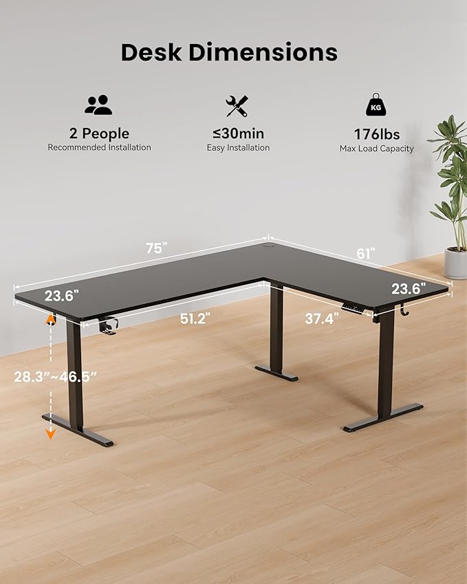 75X61 Inches Reversible L Shaped Standing Desk Height Adjustable, Electric Corner Computer Desk with Cup Holder, Sit Stand up Home Office Desk, Ergonomic Gaming Desk, Black